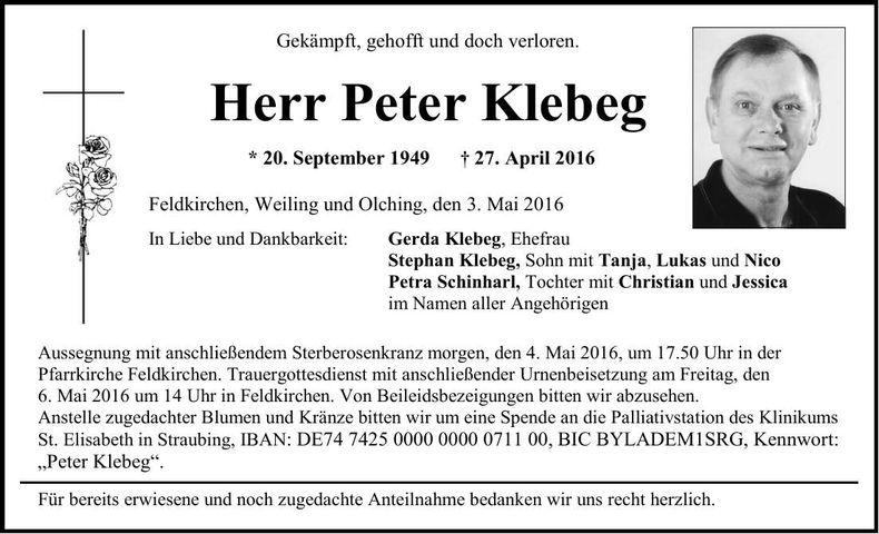 Traueranzeige Peter Klebeg