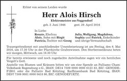 Traueranzeige Alois Hirsch