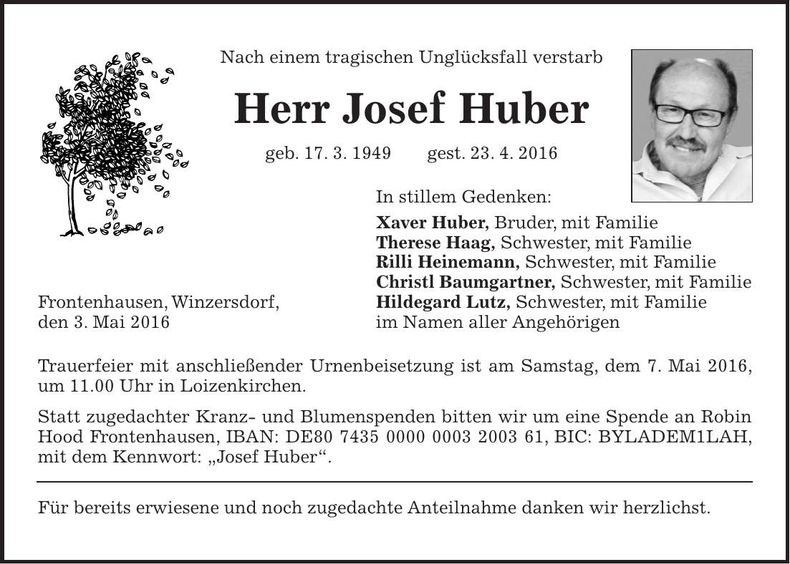 Traueranzeige Josef Huber