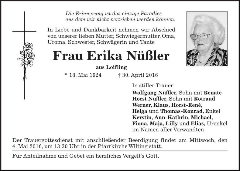 Traueranzeige Erika Nüßler