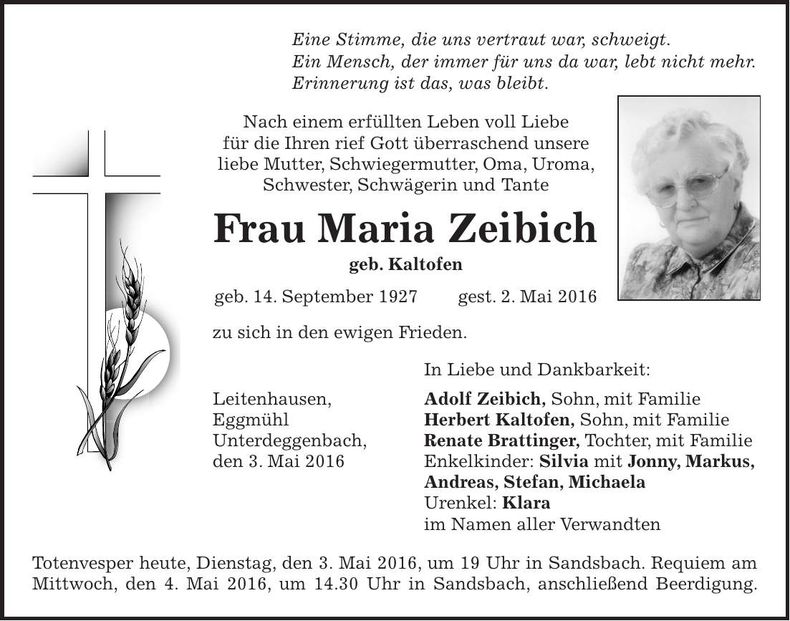 Traueranzeige Maria Zeibich