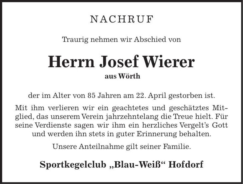 Traueranzeige Josef Wierer
