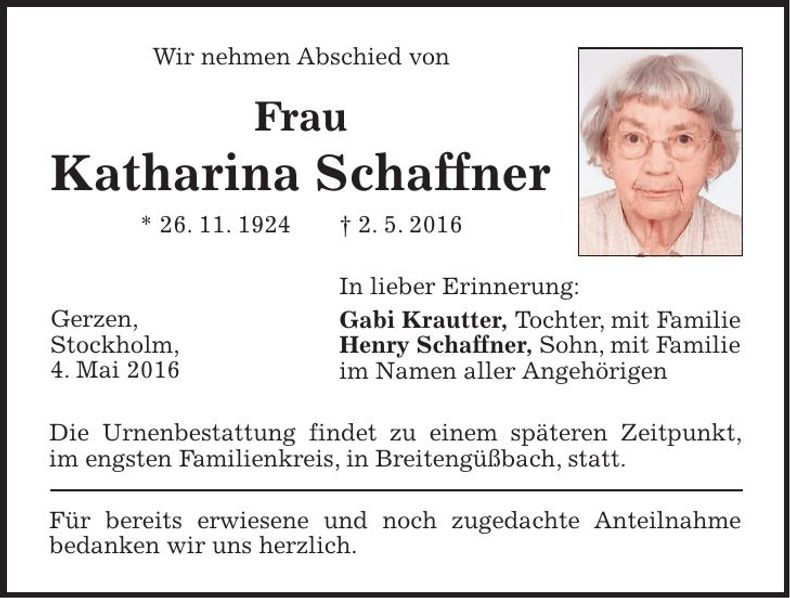Traueranzeige Katharina Schaffner
