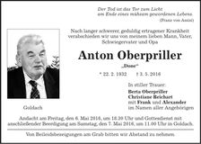 Traueranzeige Anton Oberpriller