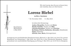 Traueranzeige Lorenz Hiebel