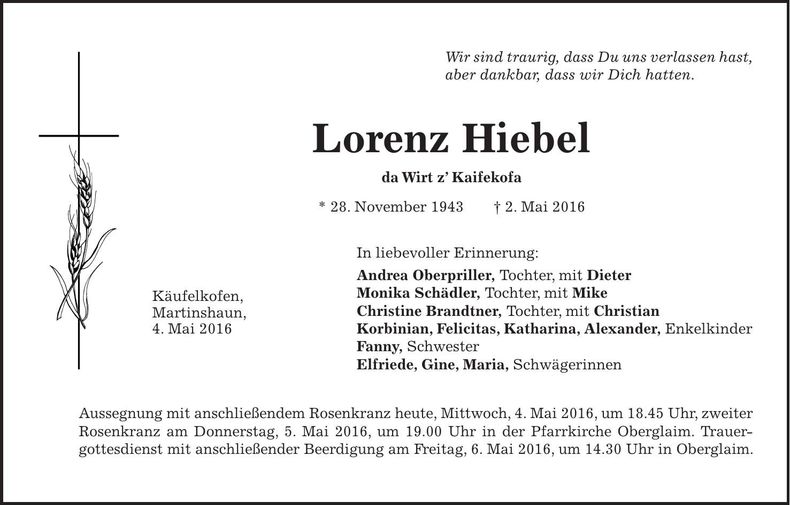 Traueranzeige Lorenz Hiebel