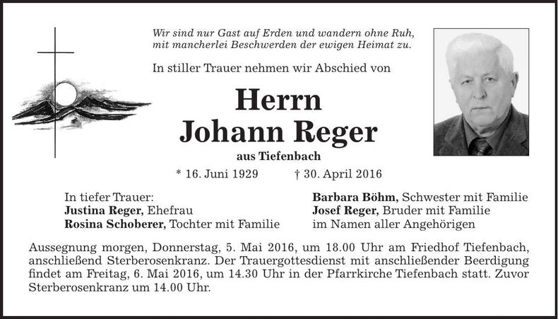 Traueranzeige Johann Reger