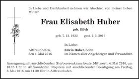 Traueranzeige Elisabeth Huber