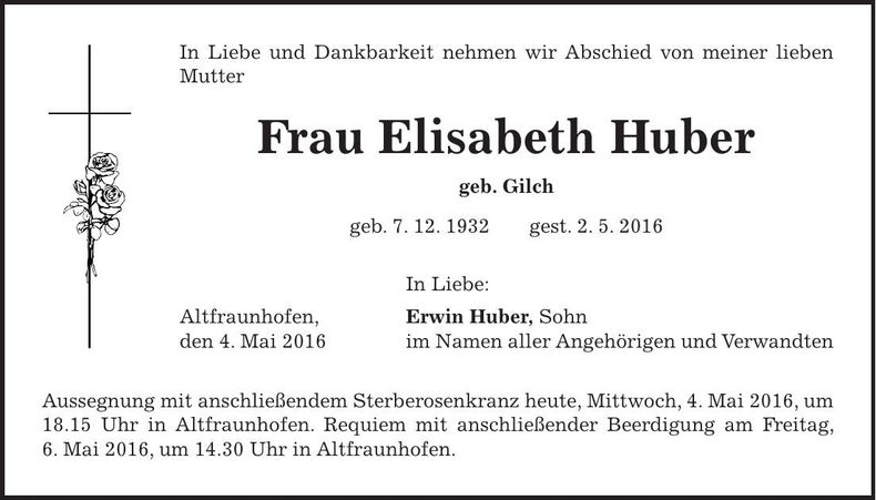 Traueranzeige Elisabeth Huber