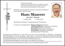 Traueranzeige Hans Mauerer