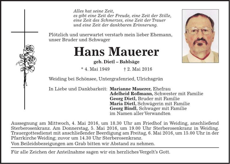 Traueranzeige Hans Mauerer