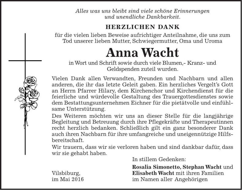 Traueranzeige Anna Wacht