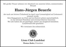 Traueranzeige Hans-Jürgen Beuerle
