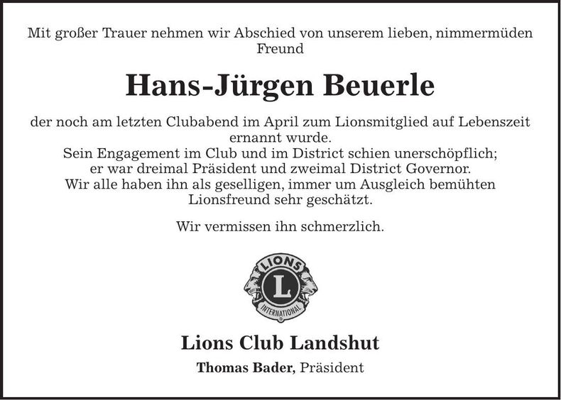 Traueranzeige Hans-Jürgen Beuerle