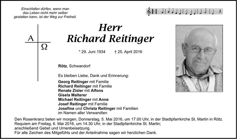 Traueranzeige Richard Reitinger