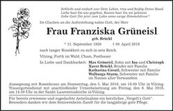 Traueranzeige Franziska Grüneisl
