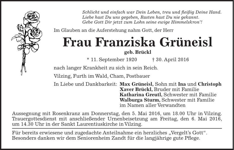 Traueranzeige Franziska Grüneisl