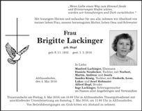 Traueranzeige Brigitte Lackinger
