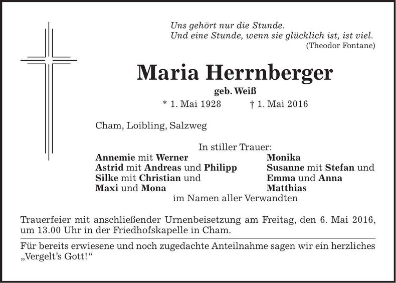 Traueranzeige Maria Herrnberger