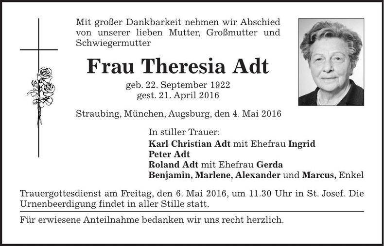 Traueranzeige Theresia Alt