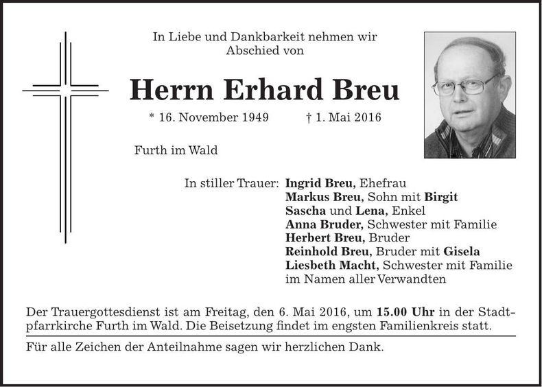 Traueranzeige Erhard Breu