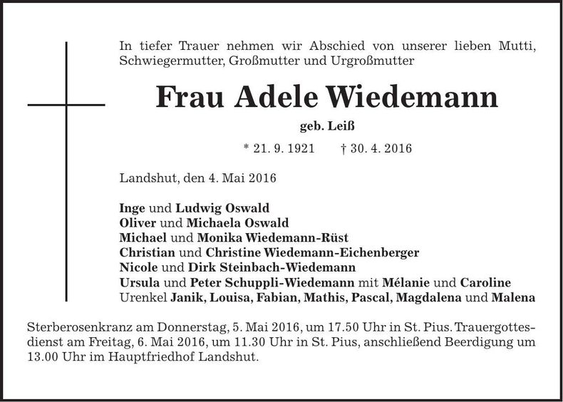 Traueranzeige Adele Wiedemann