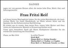 Traueranzeige Fritzi Reif