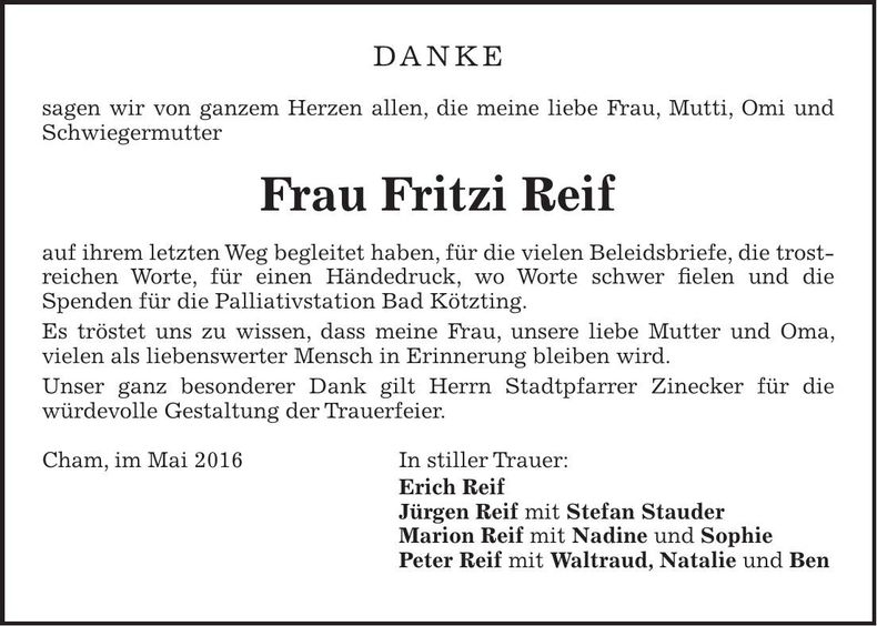 Traueranzeige Fritzi Reif