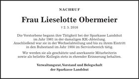 Traueranzeige Lieselotte Obermeier