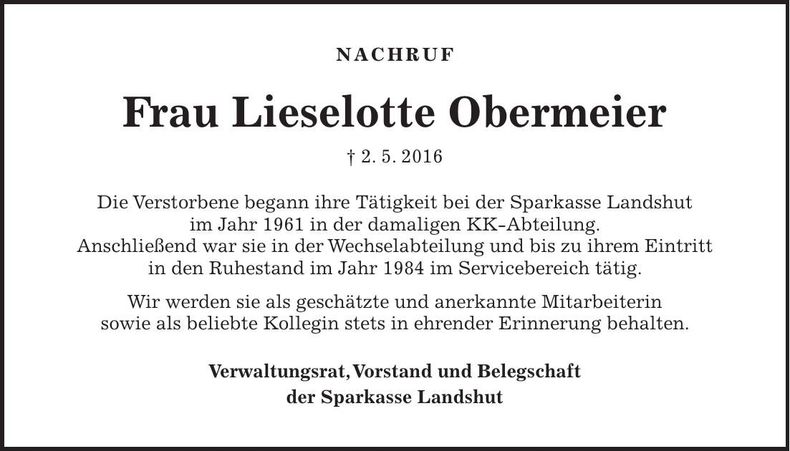 Traueranzeige Lieselotte Obermeier