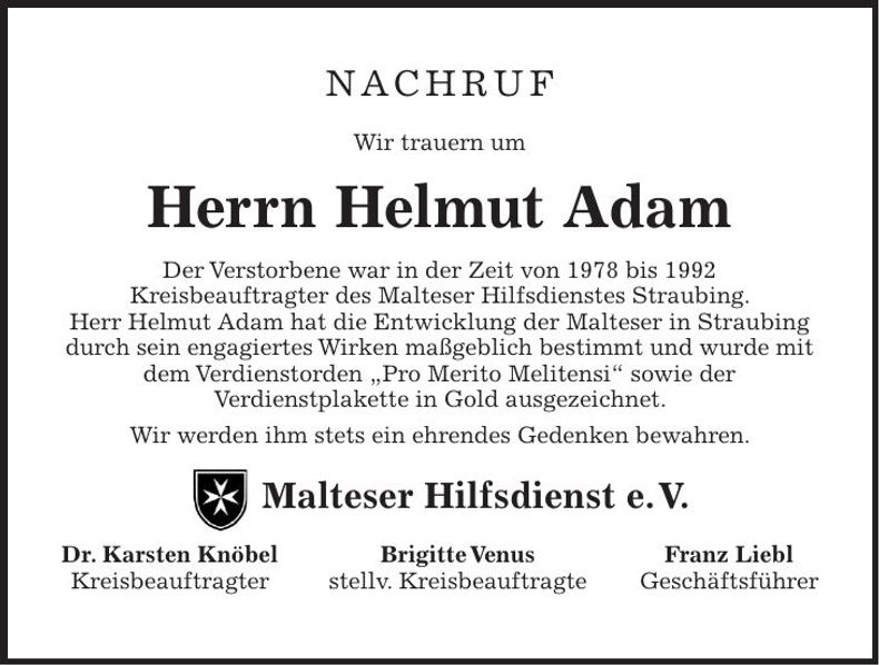 Traueranzeige Helmut Adam