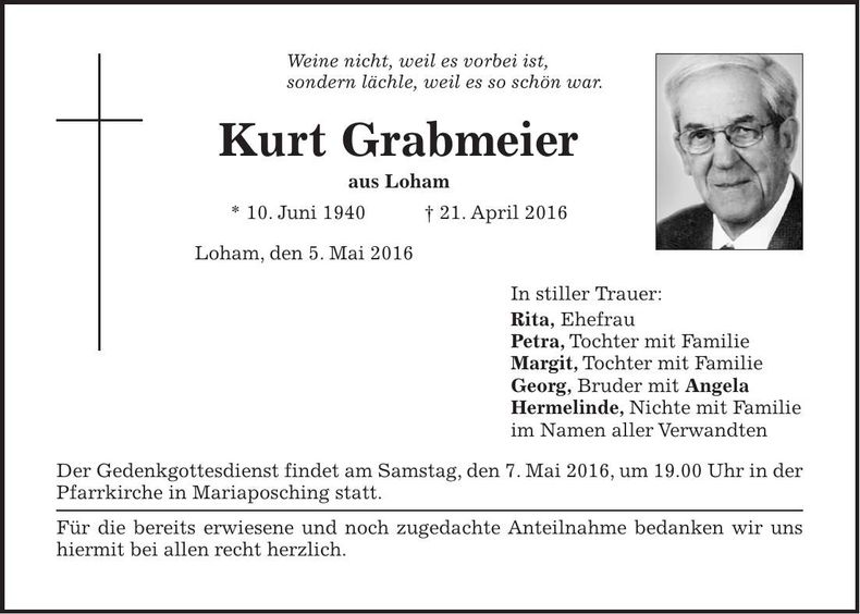 Traueranzeige Kurt Grabmeier