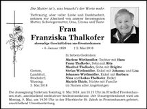 Traueranzeige Franziska Thalkofer