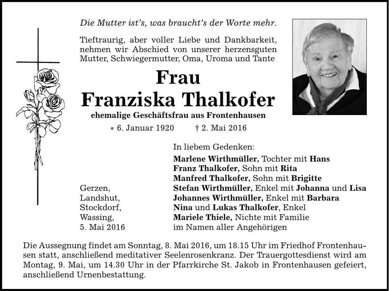 Traueranzeige Franziska Thalkofer