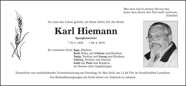 Traueranzeige Karl Hiemann