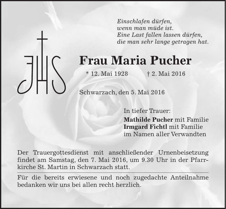 Traueranzeige Maria Pucher