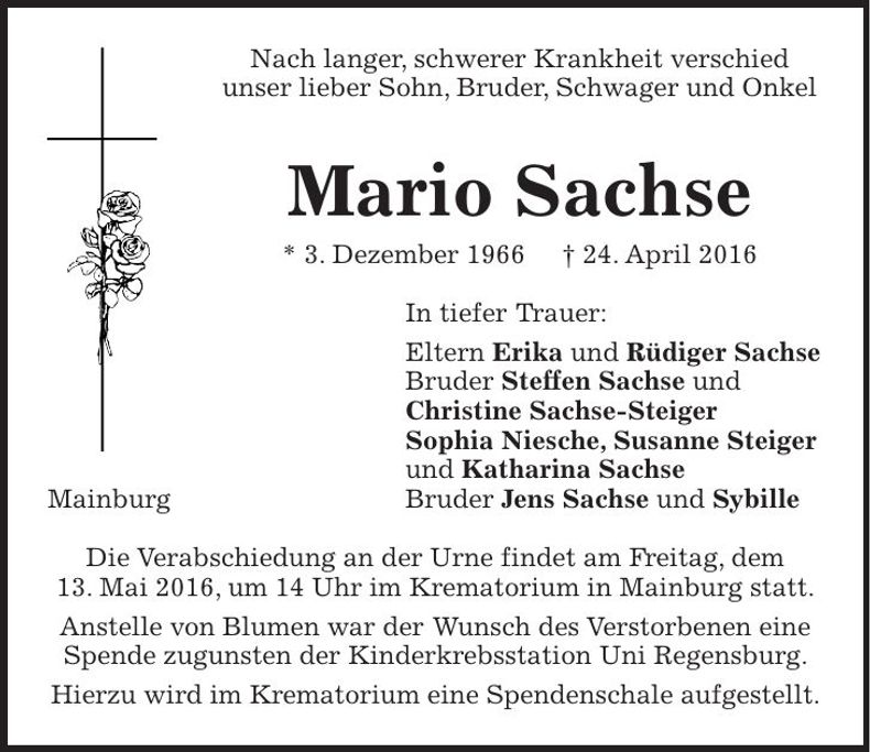Traueranzeige Mario Sachse