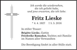 Traueranzeige Fritz Lieske