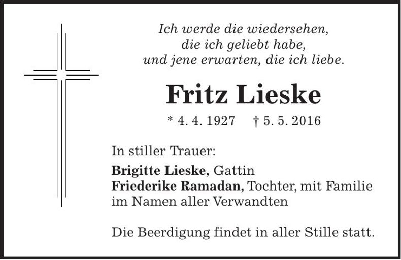 Traueranzeige Fritz Lieske