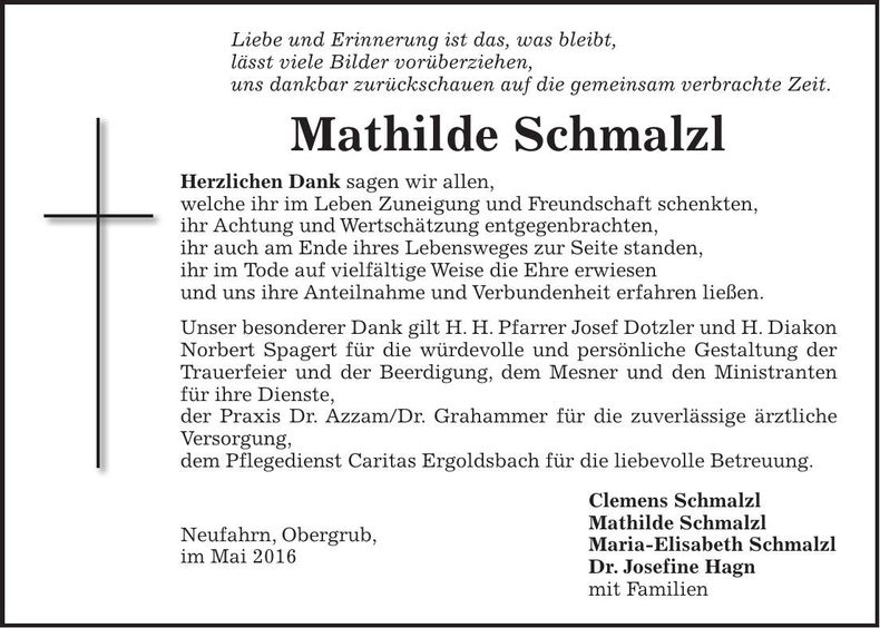 Traueranzeige Mathilde Schmalzl