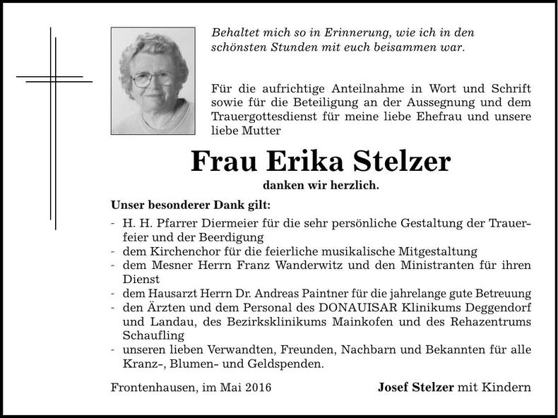Traueranzeige Erika Stelzer