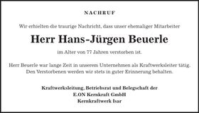 Traueranzeige Hans-Jürgen Beuerle