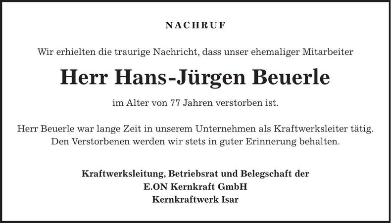 Traueranzeige Hans-Jürgen Beuerle