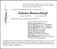 Traueranzeige Johann Bornschlegl