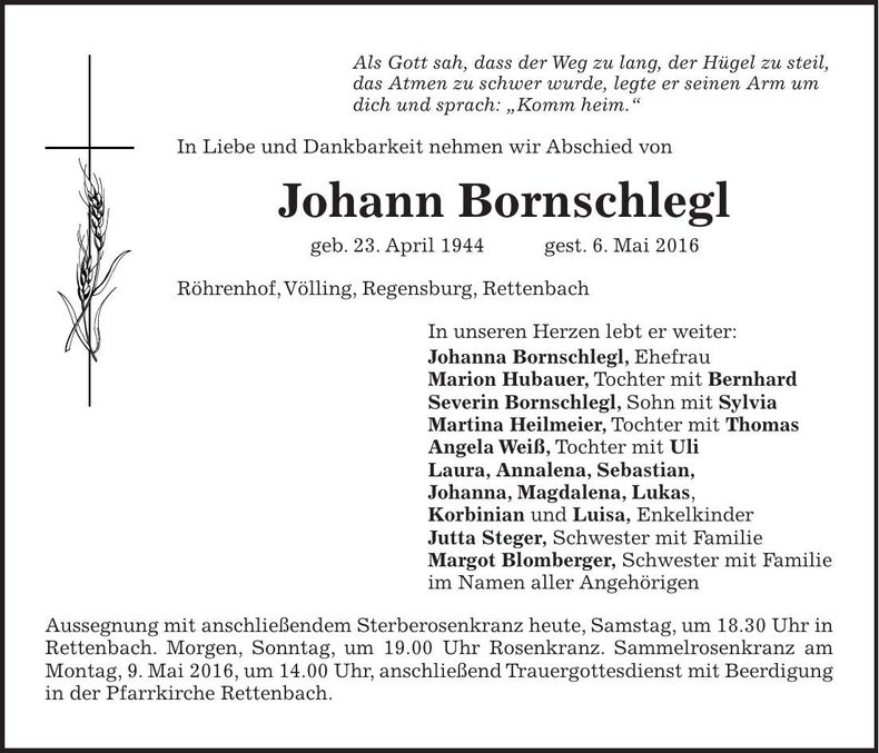 Traueranzeige Johann Bornschlegl