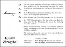 Traueranzeige Quirin Zirngibl