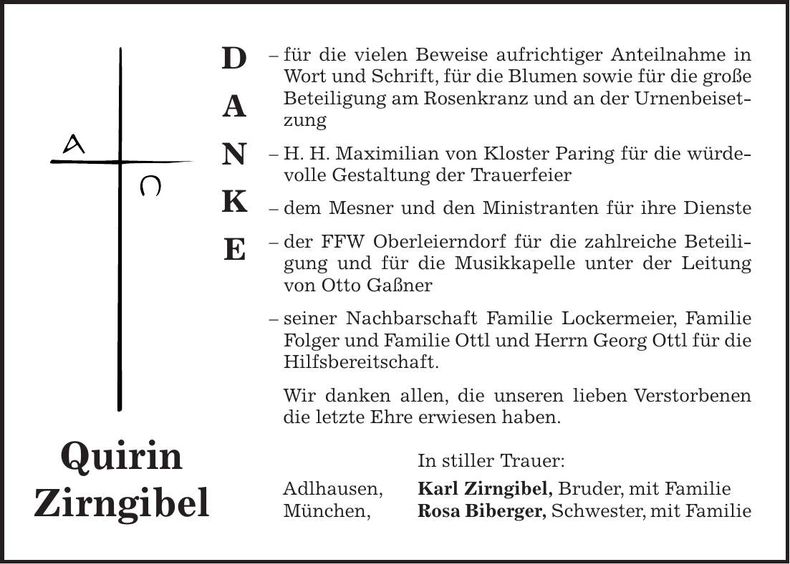 Traueranzeige Quirin Zirngibl