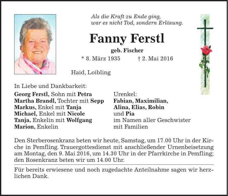 Traueranzeige Fanny Ferstl