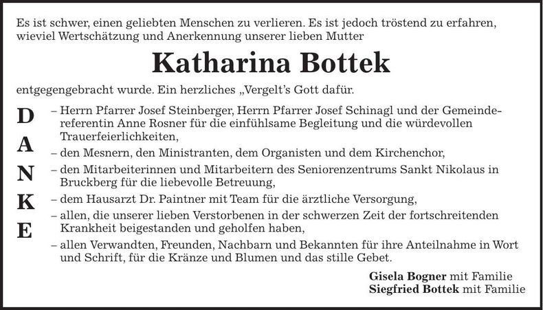 Traueranzeige Katharina Bottek