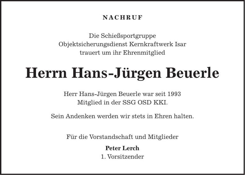 Traueranzeige Hans-Jürgen Beuerle